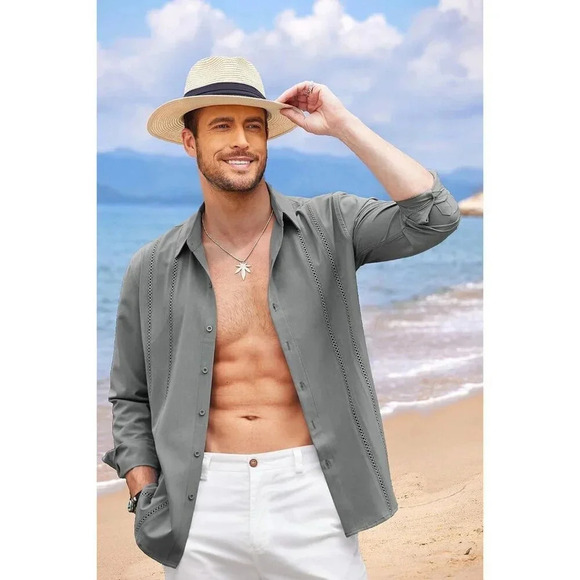 ❤️Mens Grey Cuban Shirt Casual Button Down Shirts Long Sleeve Beach  Shirts - Picture 2 of 7